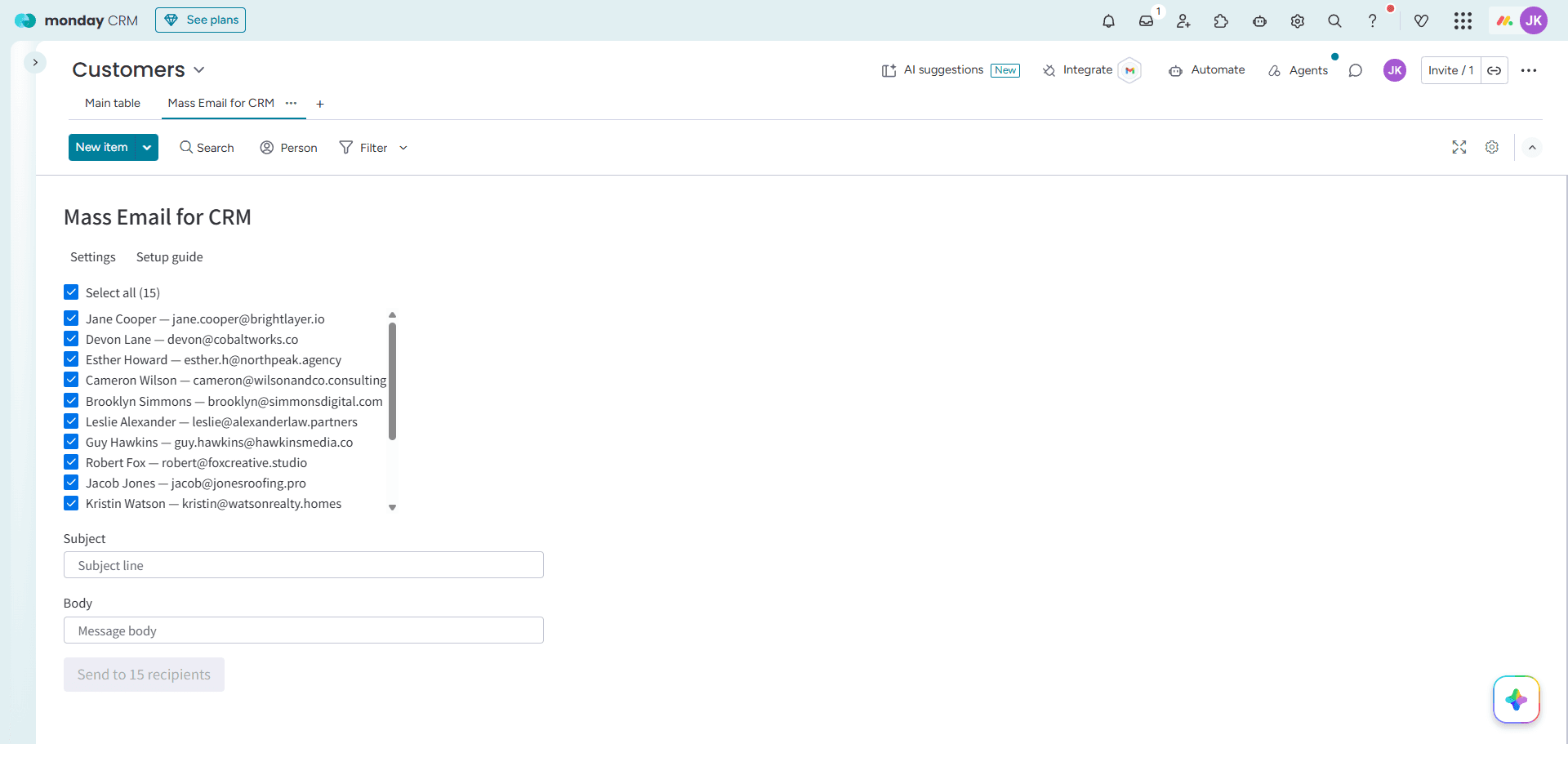 Send to CRM contacts without leaving monday.